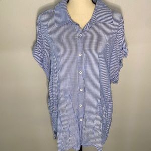 Casa Cabana | Women’s Blue Striped Button Down V-Neck Linen Sort Sleeve Size XL